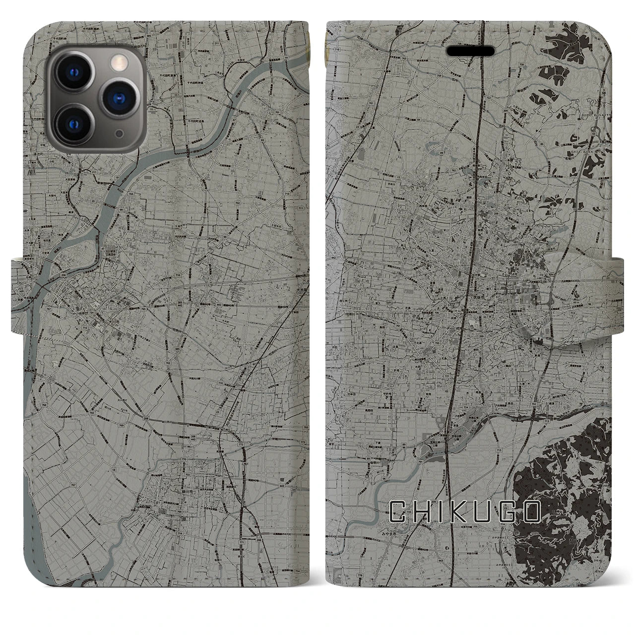 【筑後(福岡県)】地図柄iPhoneケース(手帳タイプ)モノトーン・iPhone 11 Pro Max 用