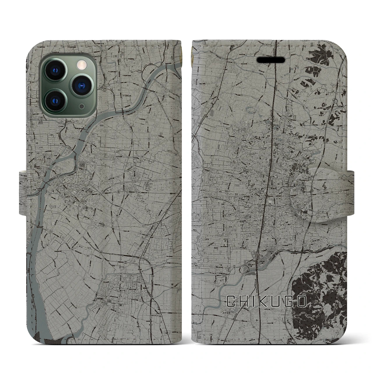 【筑後(福岡県)】地図柄iPhoneケース(手帳タイプ)モノトーン・iPhone 11 Pro 用