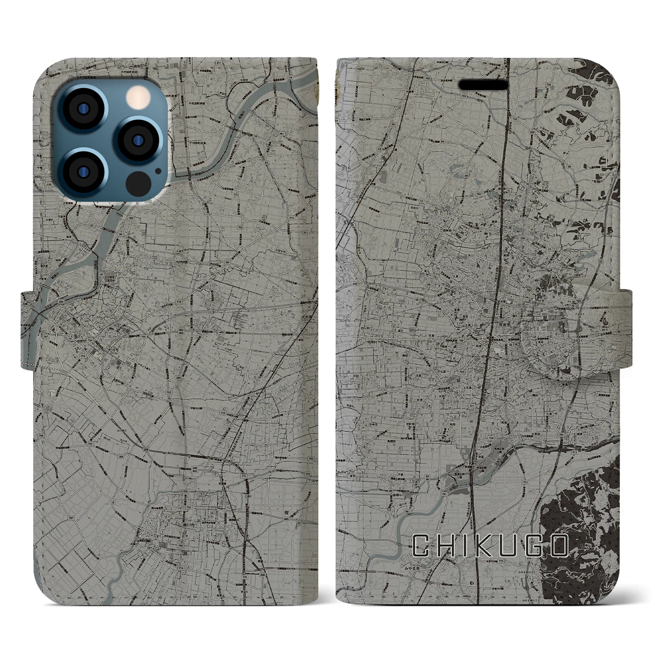 【筑後(福岡県)】地図柄iPhoneケース(手帳タイプ)モノトーン・iPhone 12 / 12 Pro 用
