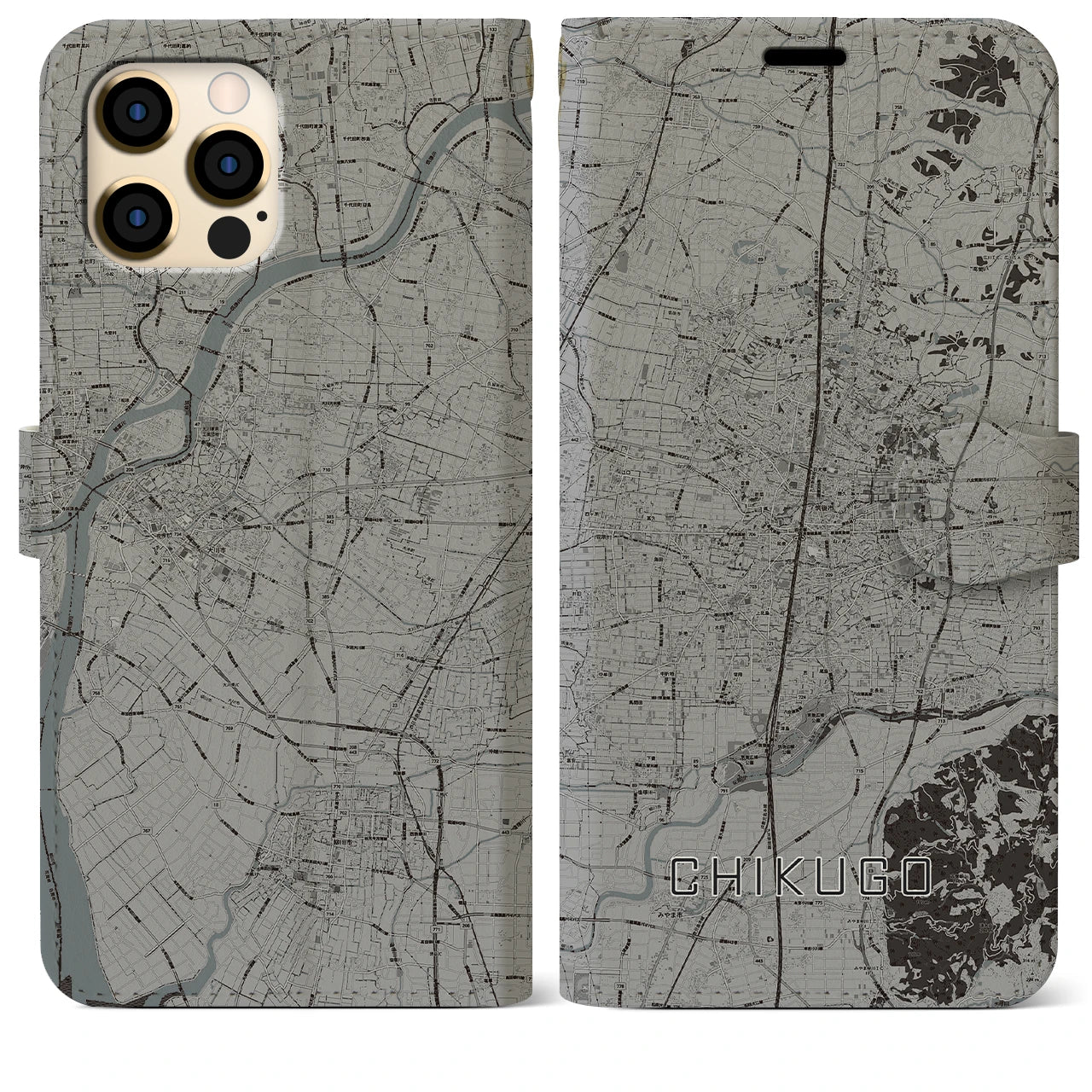【筑後(福岡県)】地図柄iPhoneケース(手帳タイプ)モノトーン・iPhone 12 Pro Max 用