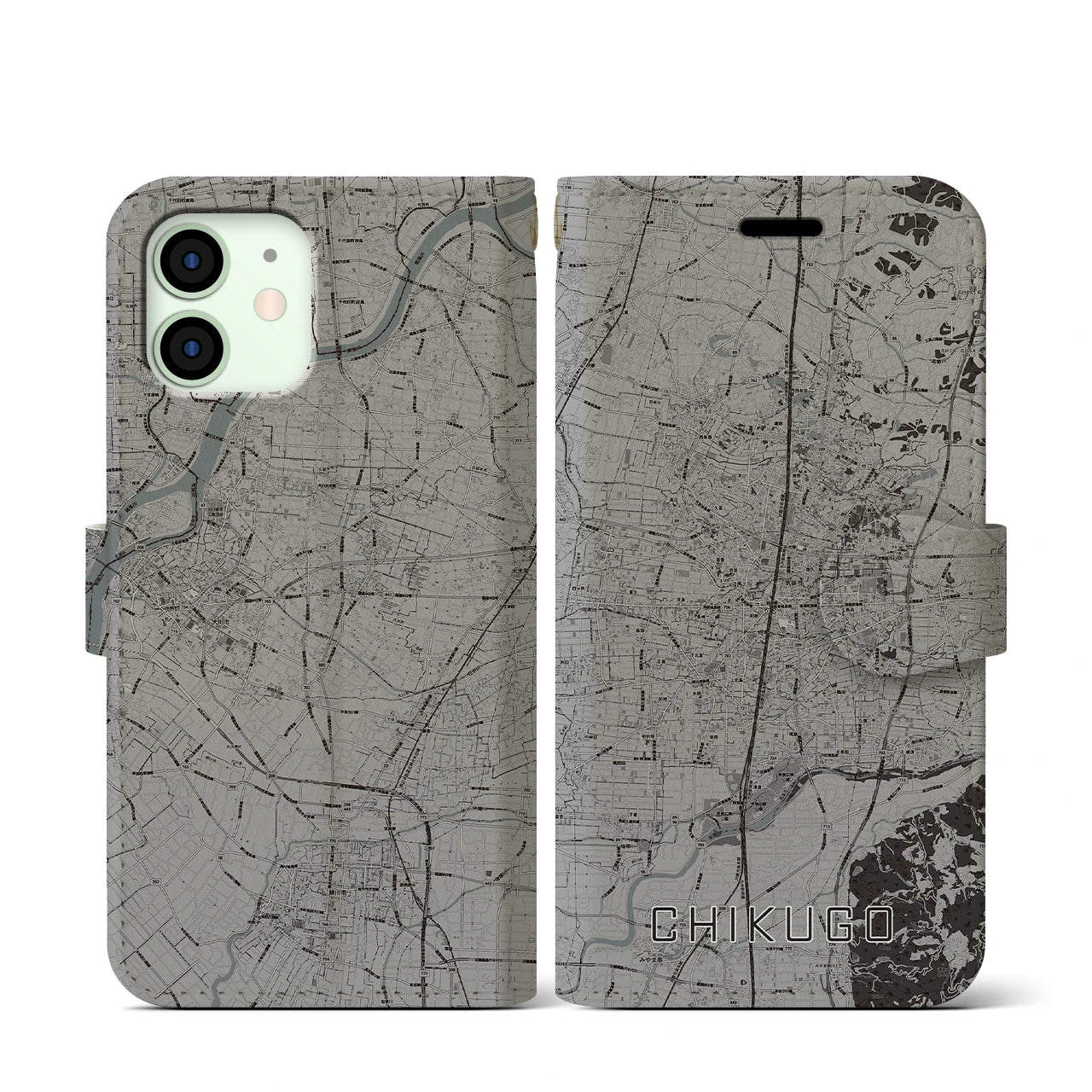 【筑後(福岡県)】地図柄iPhoneケース(手帳タイプ)モノトーン・iPhone 12 mini 用