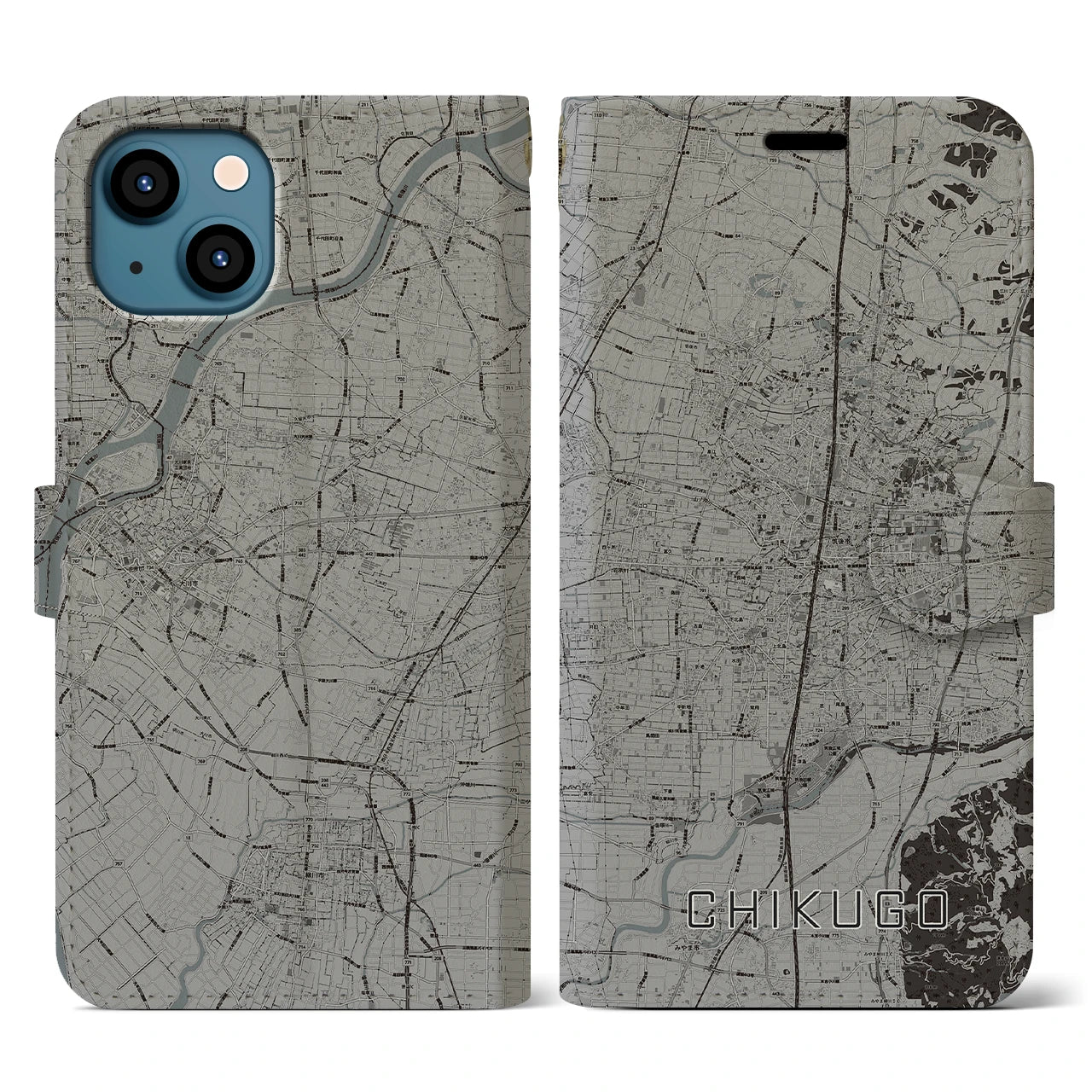 【筑後(福岡県)】地図柄iPhoneケース(手帳タイプ)モノトーン・iPhone 13 用