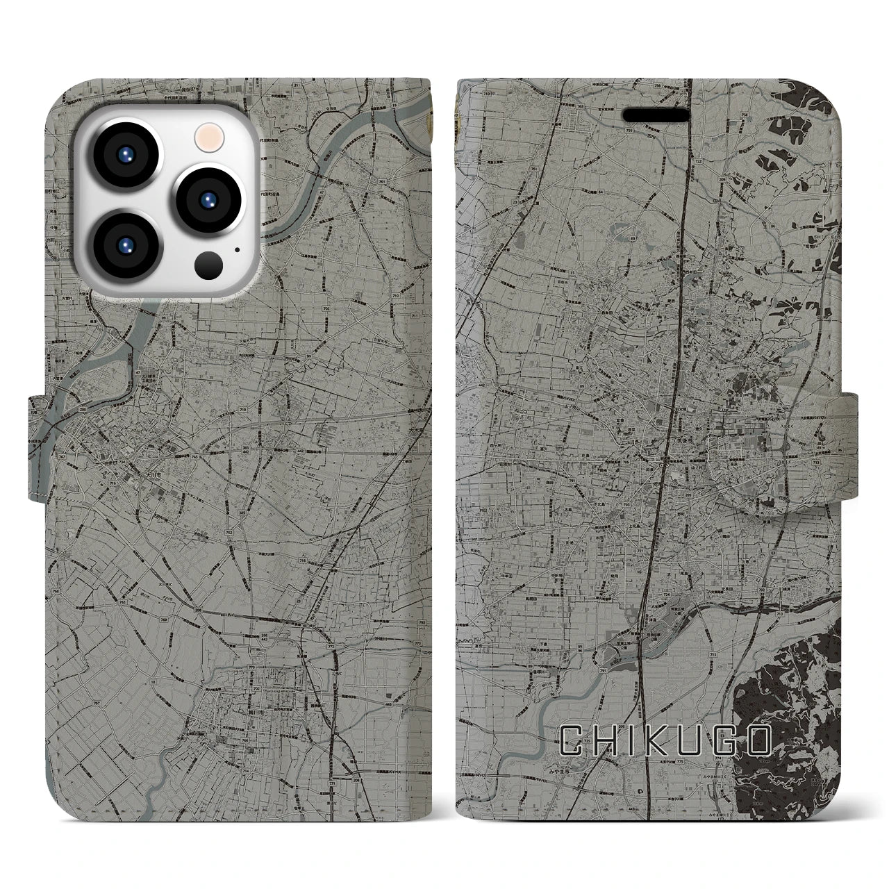 【筑後(福岡県)】地図柄iPhoneケース(手帳タイプ)モノトーン・iPhone 13 Pro 用