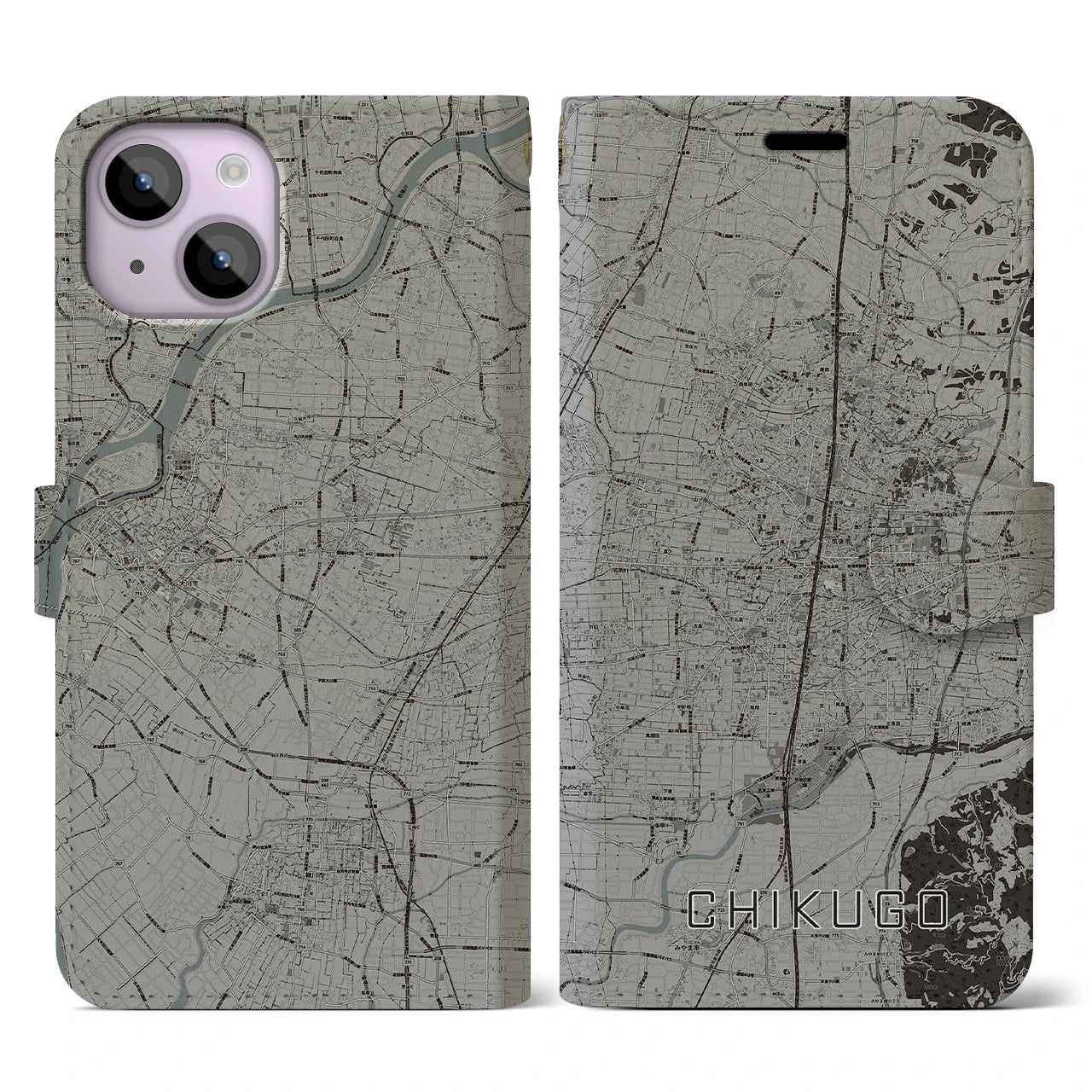 【筑後(福岡県)】地図柄iPhoneケース(手帳タイプ)モノトーン・iPhone 14 用