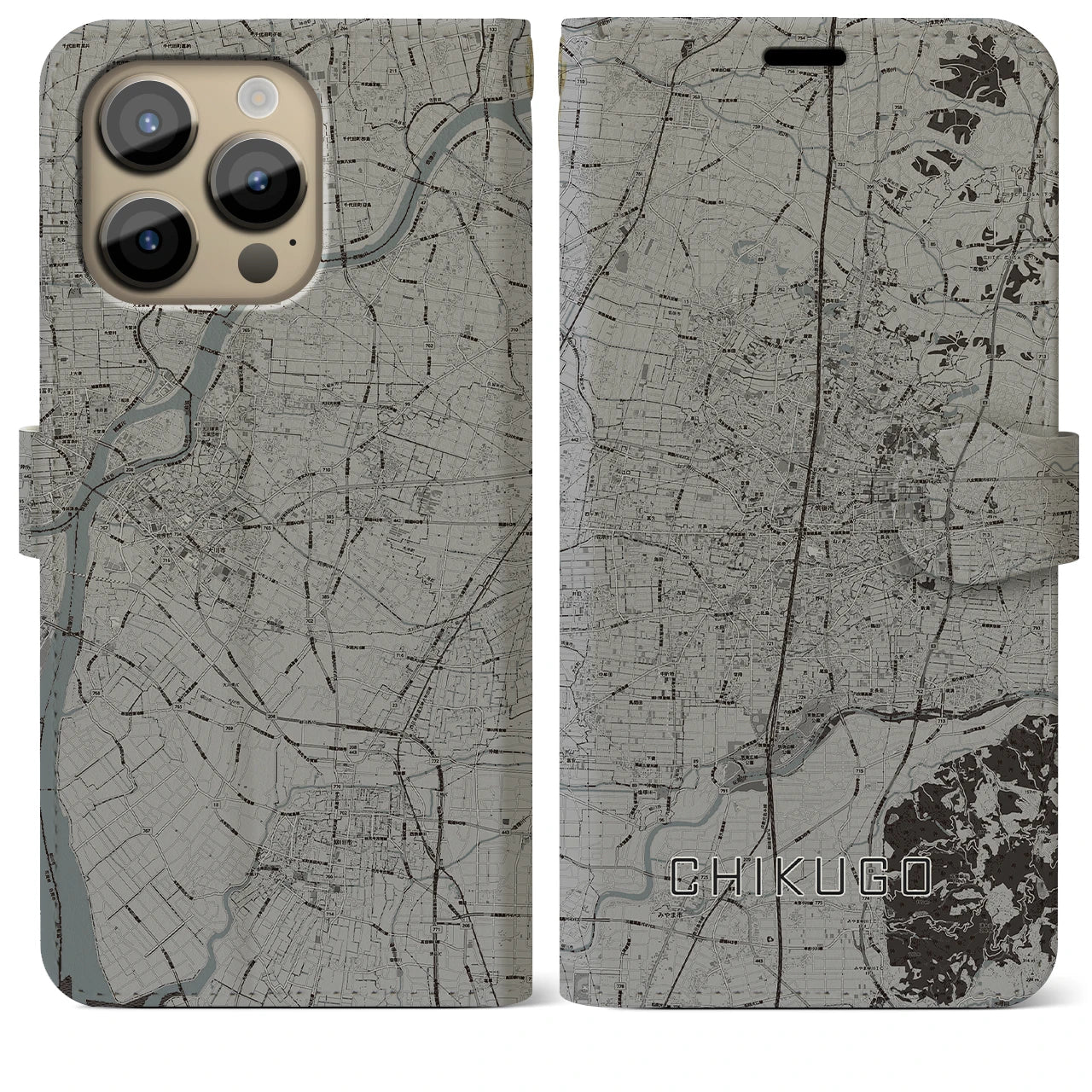 【筑後(福岡県)】地図柄iPhoneケース(手帳タイプ)モノトーン・iPhone 14 Pro Max 用