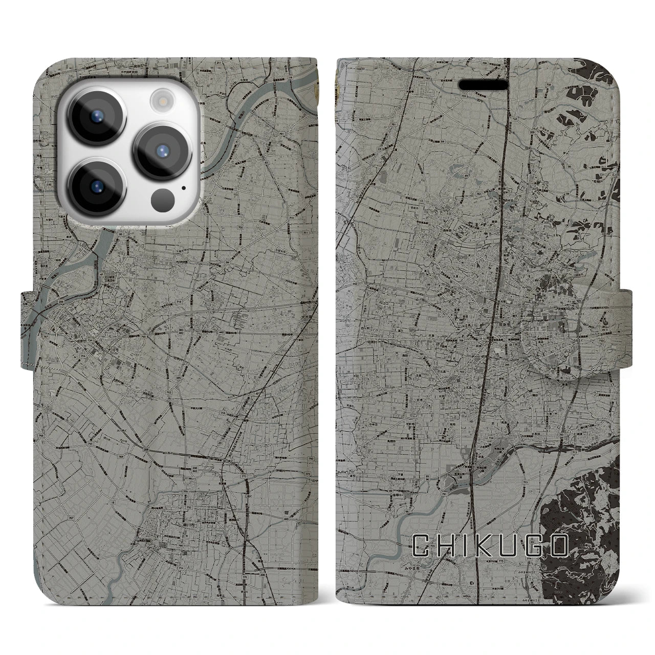 【筑後(福岡県)】地図柄iPhoneケース(手帳タイプ)モノトーン・iPhone 14 Pro 用