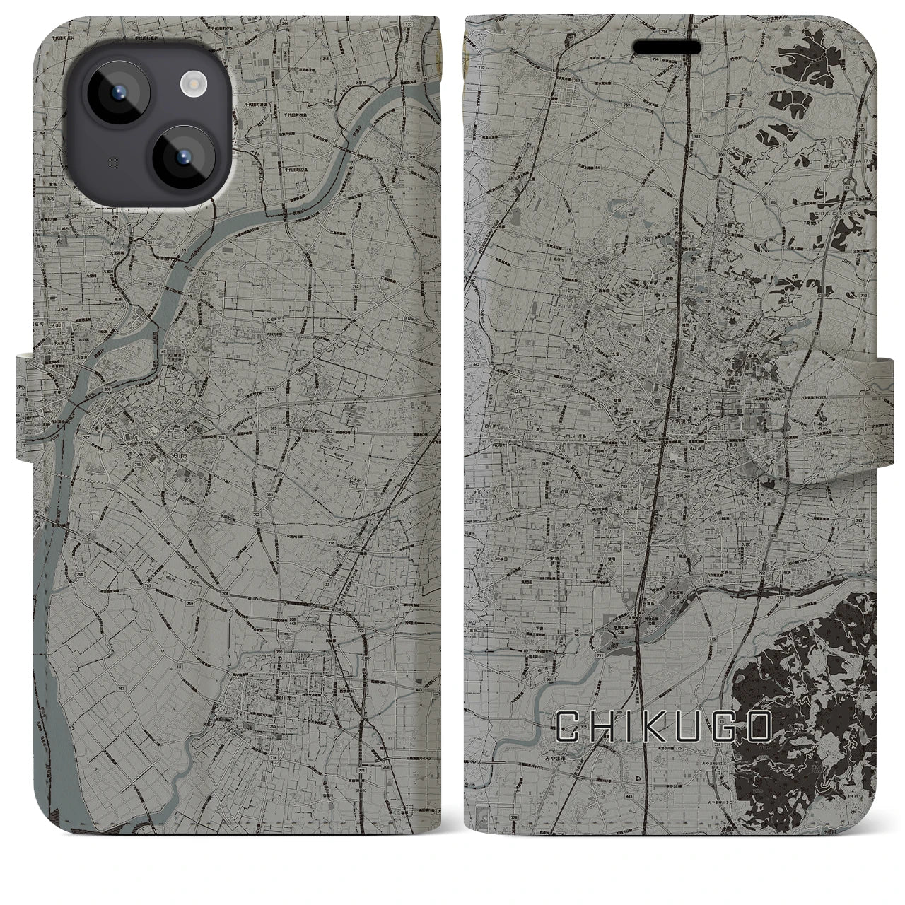 【筑後(福岡県)】地図柄iPhoneケース(手帳タイプ)モノトーン・iPhone 14 Plus 用