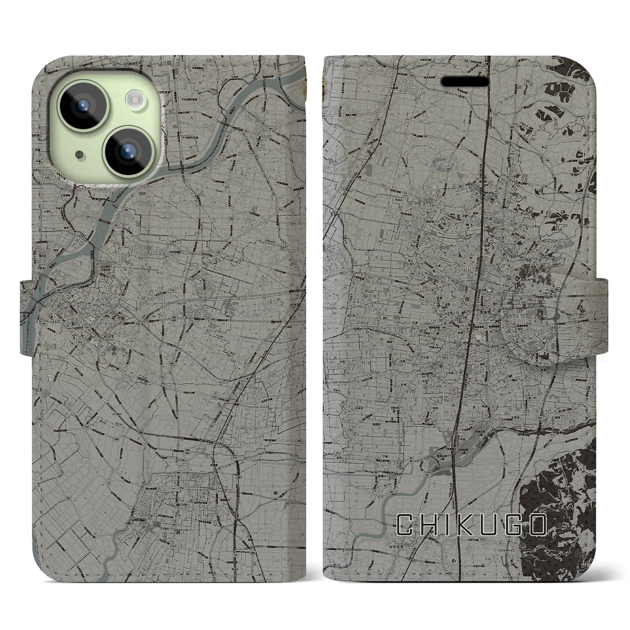 【筑後(福岡県)】地図柄iPhoneケース(手帳タイプ)モノトーン・iPhone 15 用
