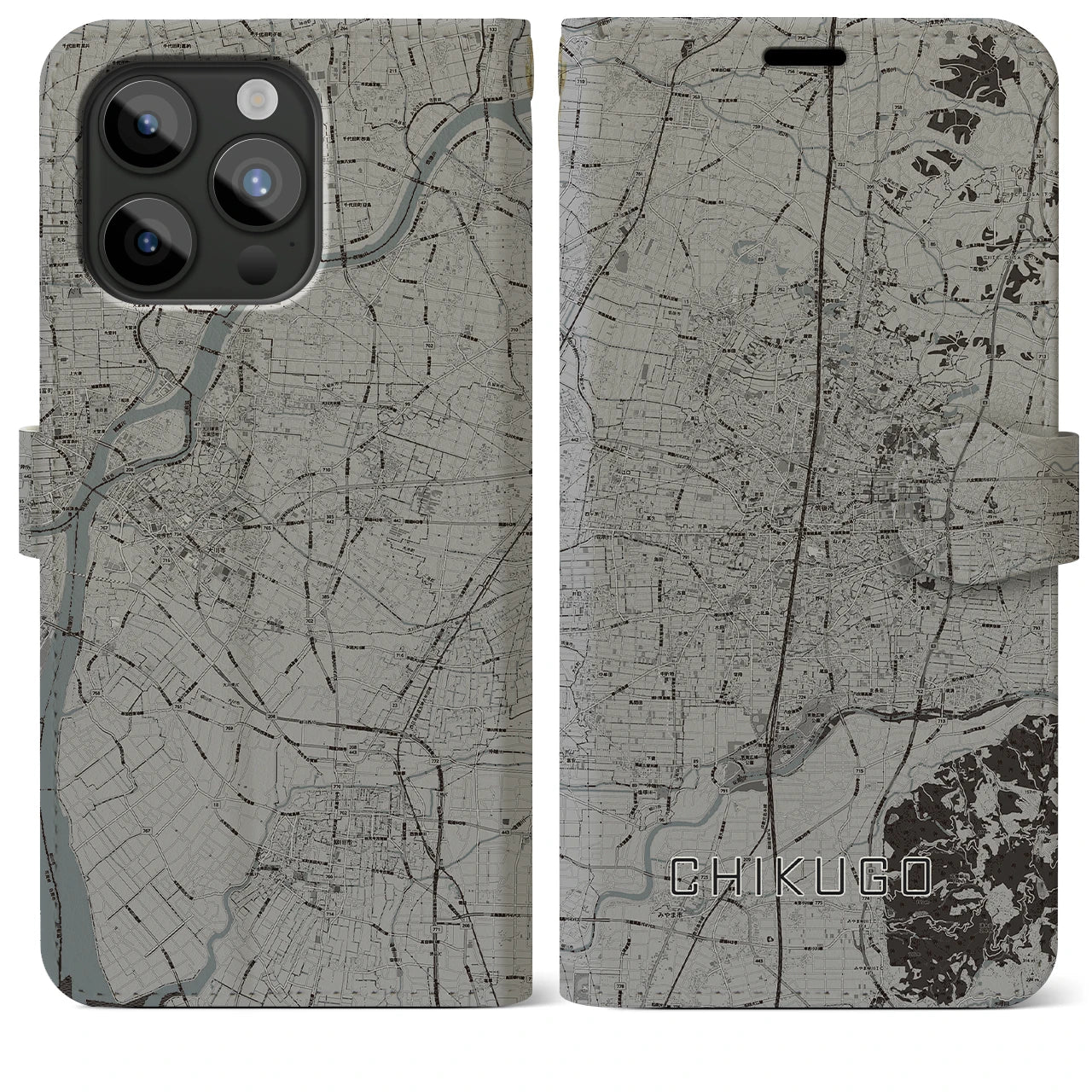 【筑後(福岡県)】地図柄iPhoneケース(手帳タイプ)モノトーン・iPhone 15 Pro Max 用