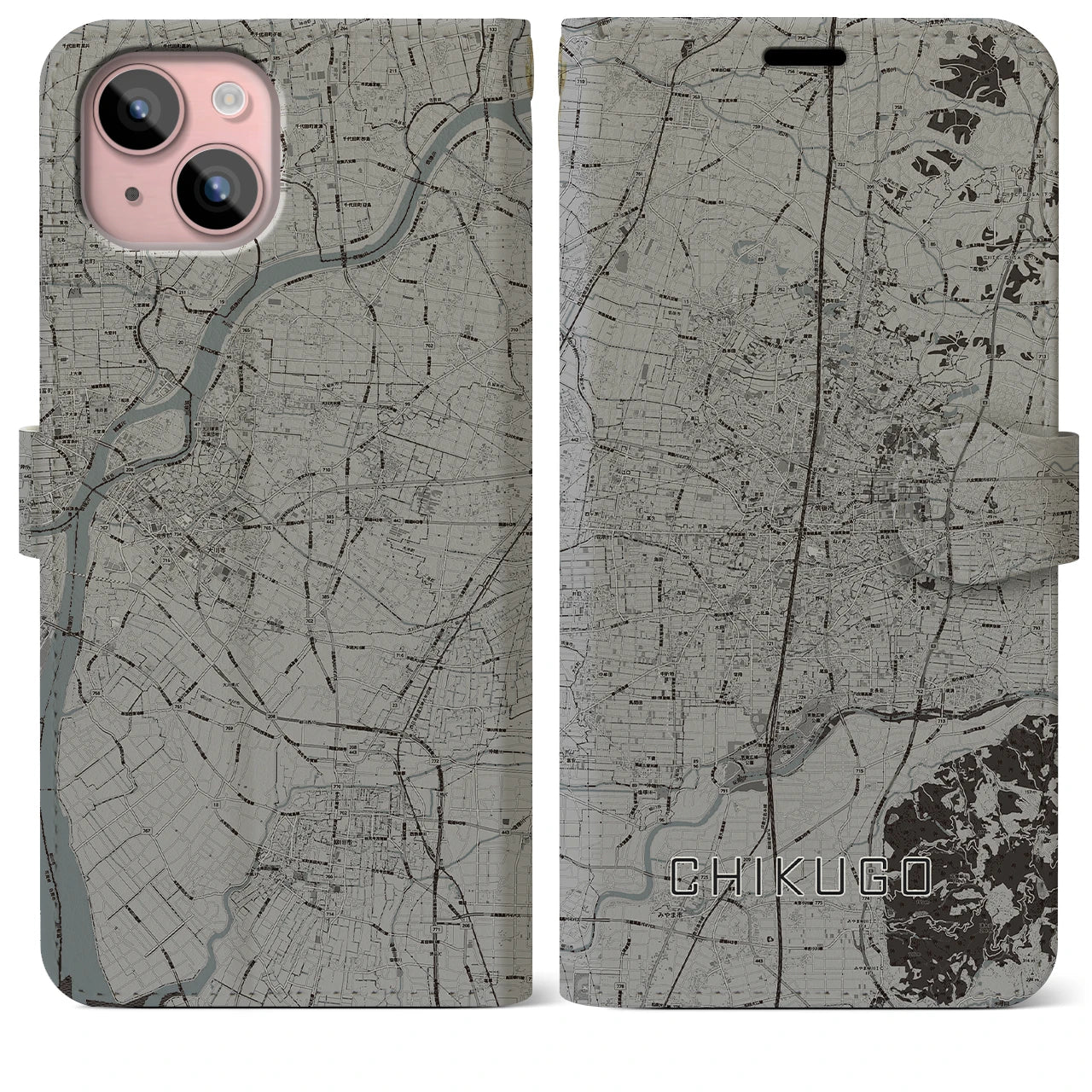 【筑後(福岡県)】地図柄iPhoneケース(手帳タイプ)モノトーン・iPhone 15 Plus 用