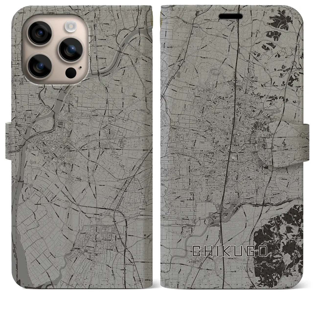 【筑後(福岡県)】地図柄iPhoneケース(手帳タイプ)モノトーン・iPhone 16 Plus 用