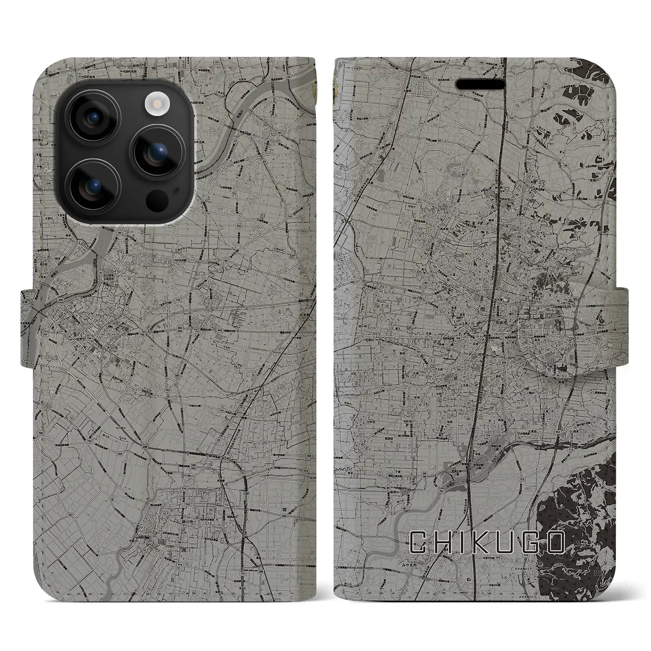 【筑後(福岡県)】地図柄iPhoneケース(手帳タイプ)モノトーン・iPhone 16 用