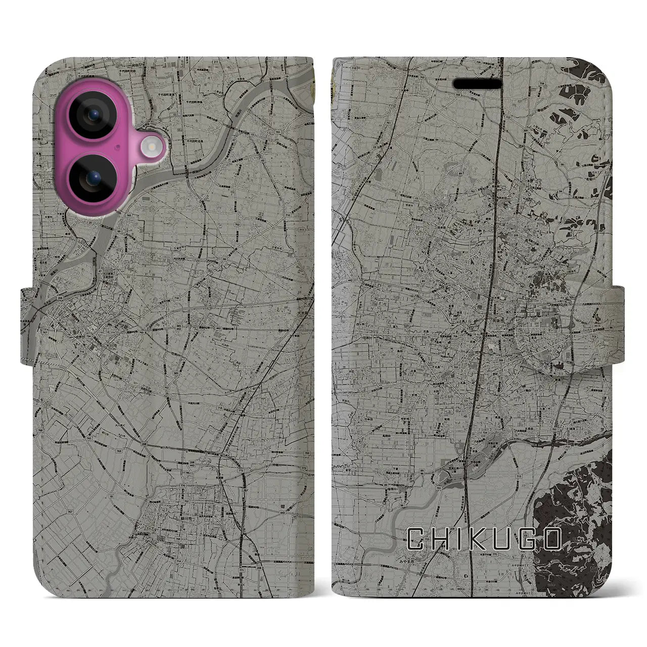【筑後(福岡県)】地図柄iPhoneケース(手帳タイプ)モノトーン・iPhone 16 Pro 用