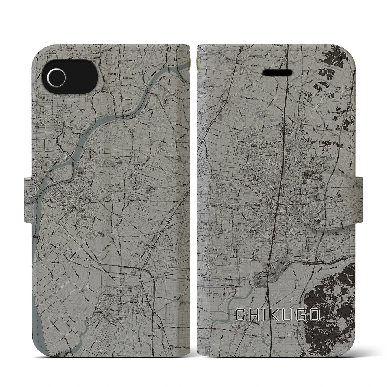 【筑後(福岡県)】地図柄iPhoneケース(手帳タイプ)モノトーン・iPhone SE(第3 / 第2世代) / 8 / 7 / 6s / 6 用