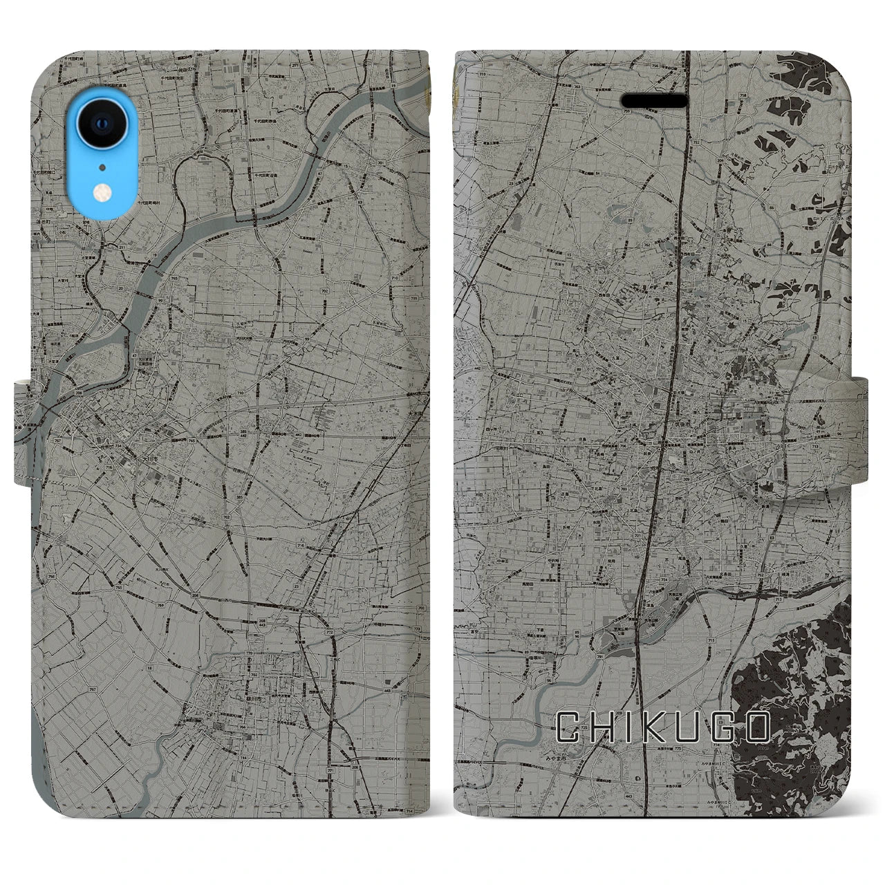 【筑後(福岡県)】地図柄iPhoneケース(手帳タイプ)モノトーン・iPhone XR 用