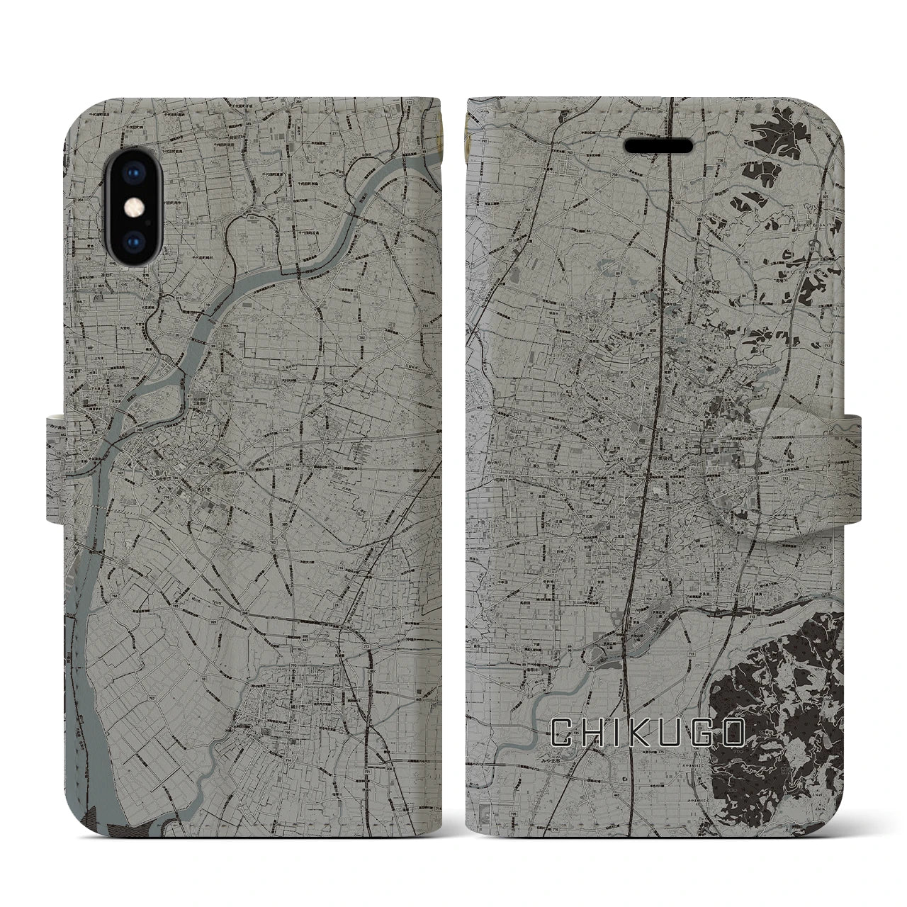 【筑後(福岡県)】地図柄iPhoneケース(手帳タイプ)モノトーン・iPhone XS / X 用