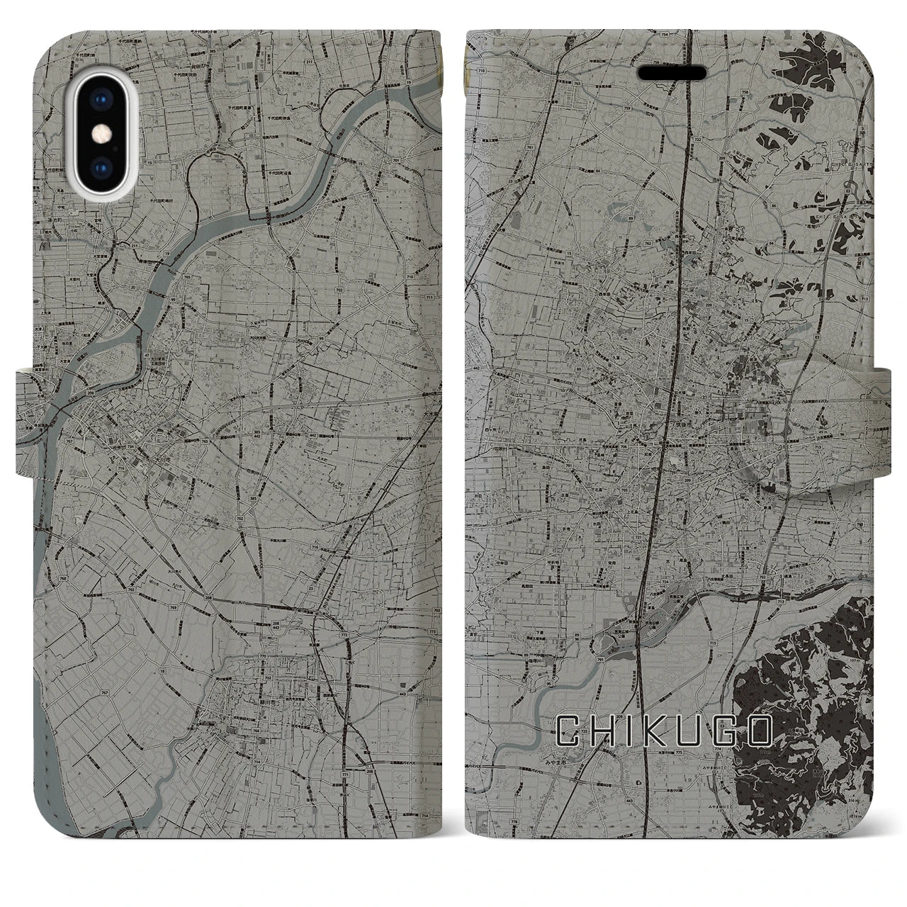【筑後(福岡県)】地図柄iPhoneケース(手帳タイプ)モノトーン・iPhone XS Max 用