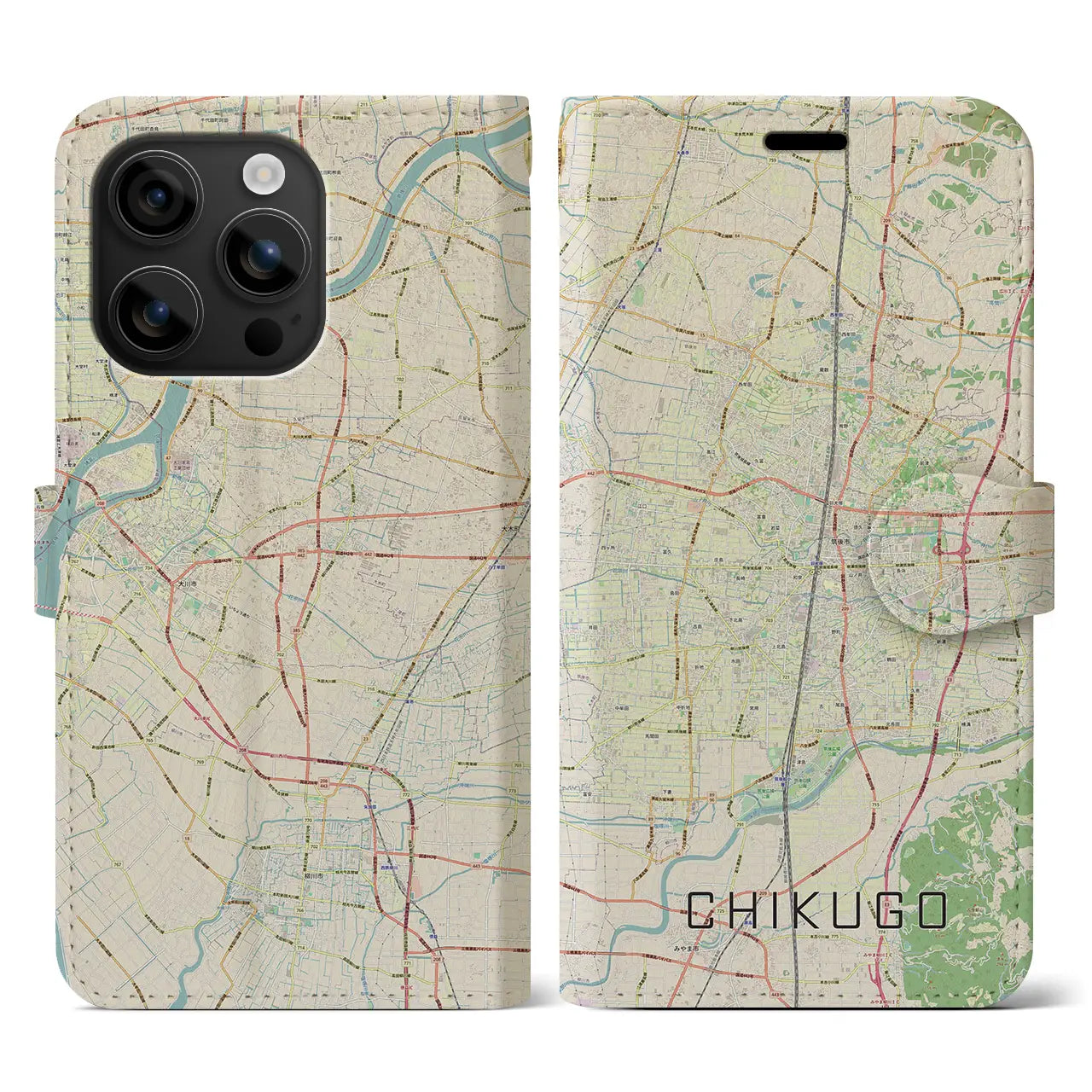 【筑後(福岡県)】地図柄iPhoneケース(手帳タイプ)ナチュラル・iPhone 16 用