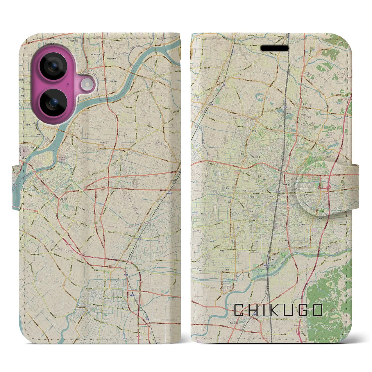 【筑後(福岡県)】地図柄iPhoneケース(手帳タイプ)ナチュラル・iPhone 16 Pro 用