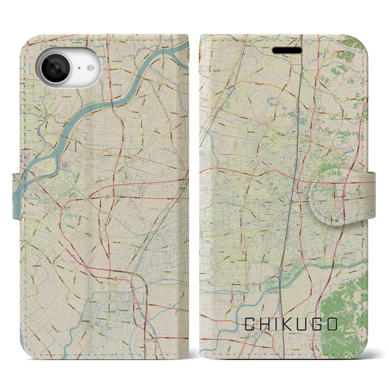 【筑後(福岡県)】地図柄iPhoneケース(手帳タイプ)