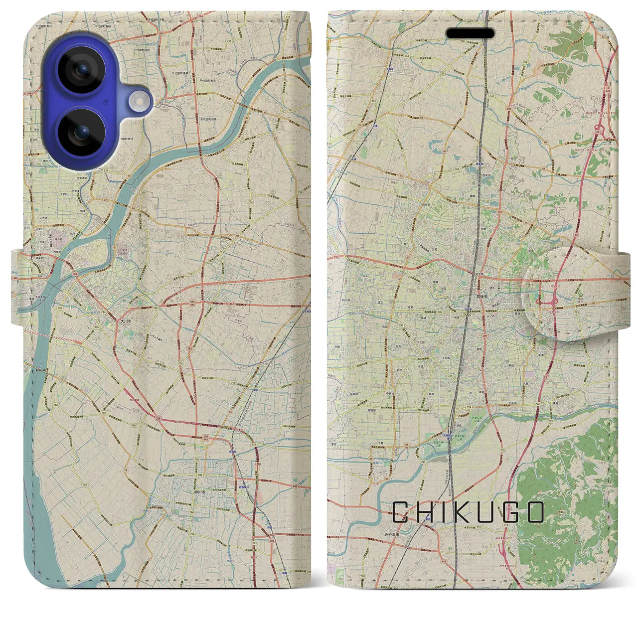 【筑後(福岡県)】地図柄iPhoneケース(手帳タイプ)ナチュラル・iPhone 16 Pro Max 用