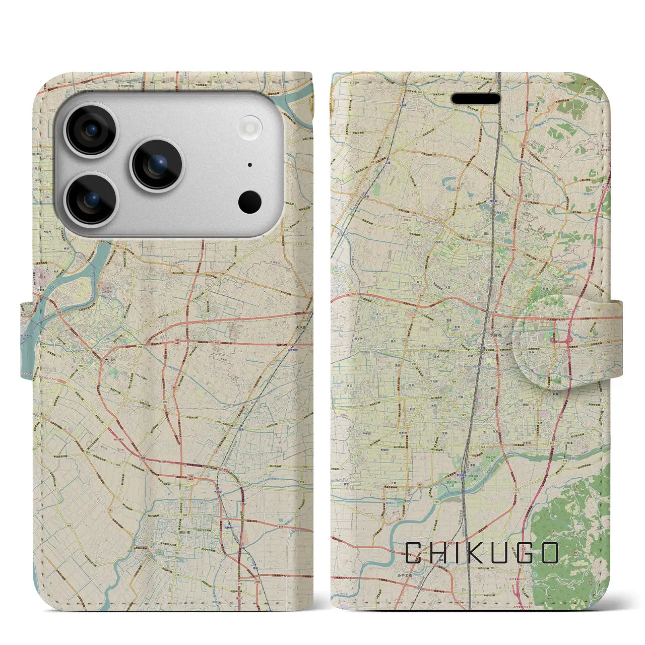 【筑後(福岡県)】地図柄iPhoneケース(手帳タイプ)モノトーン・iPhone 17 Pro Max 用