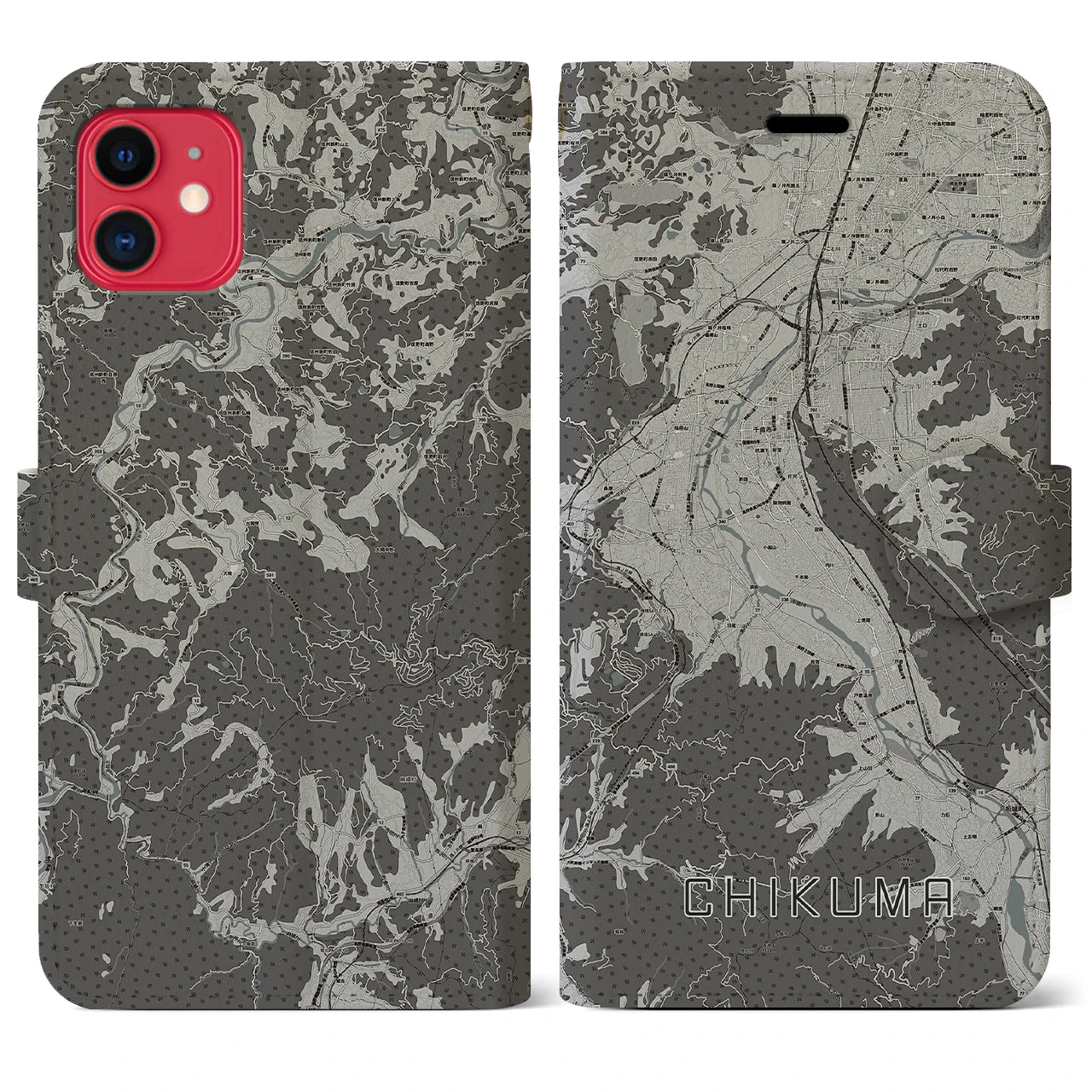 【千曲(長野県)】地図柄iPhoneケース(手帳タイプ)モノトーン・iPhone 11 用