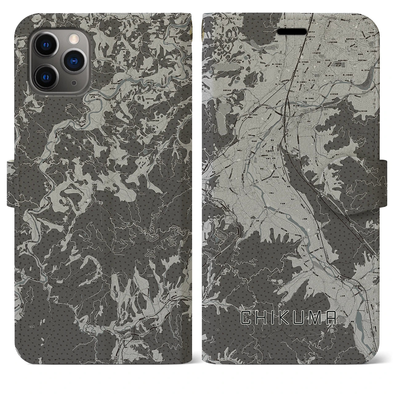 【千曲(長野県)】地図柄iPhoneケース(手帳タイプ)モノトーン・iPhone 11 Pro Max 用