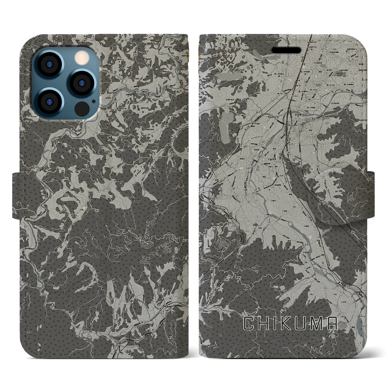 【千曲(長野県)】地図柄iPhoneケース(手帳タイプ)モノトーン・iPhone 12 / 12 Pro 用