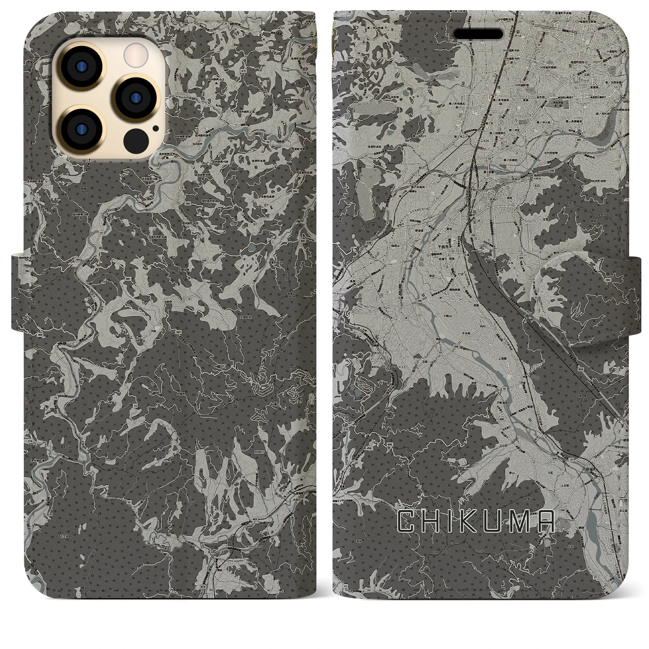 【千曲(長野県)】地図柄iPhoneケース(手帳タイプ)モノトーン・iPhone 12 Pro Max 用