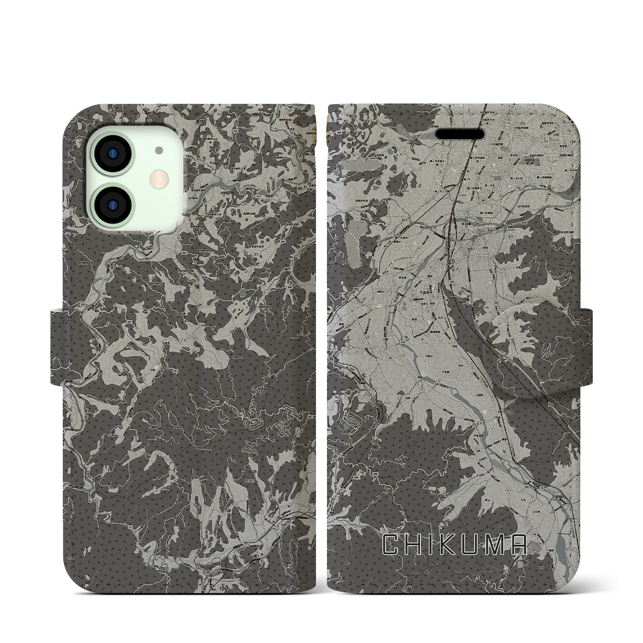【千曲(長野県)】地図柄iPhoneケース(手帳タイプ)モノトーン・iPhone 12 mini 用
