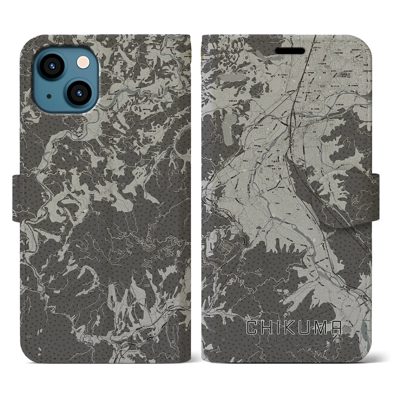 【千曲(長野県)】地図柄iPhoneケース(手帳タイプ)モノトーン・iPhone 13 用