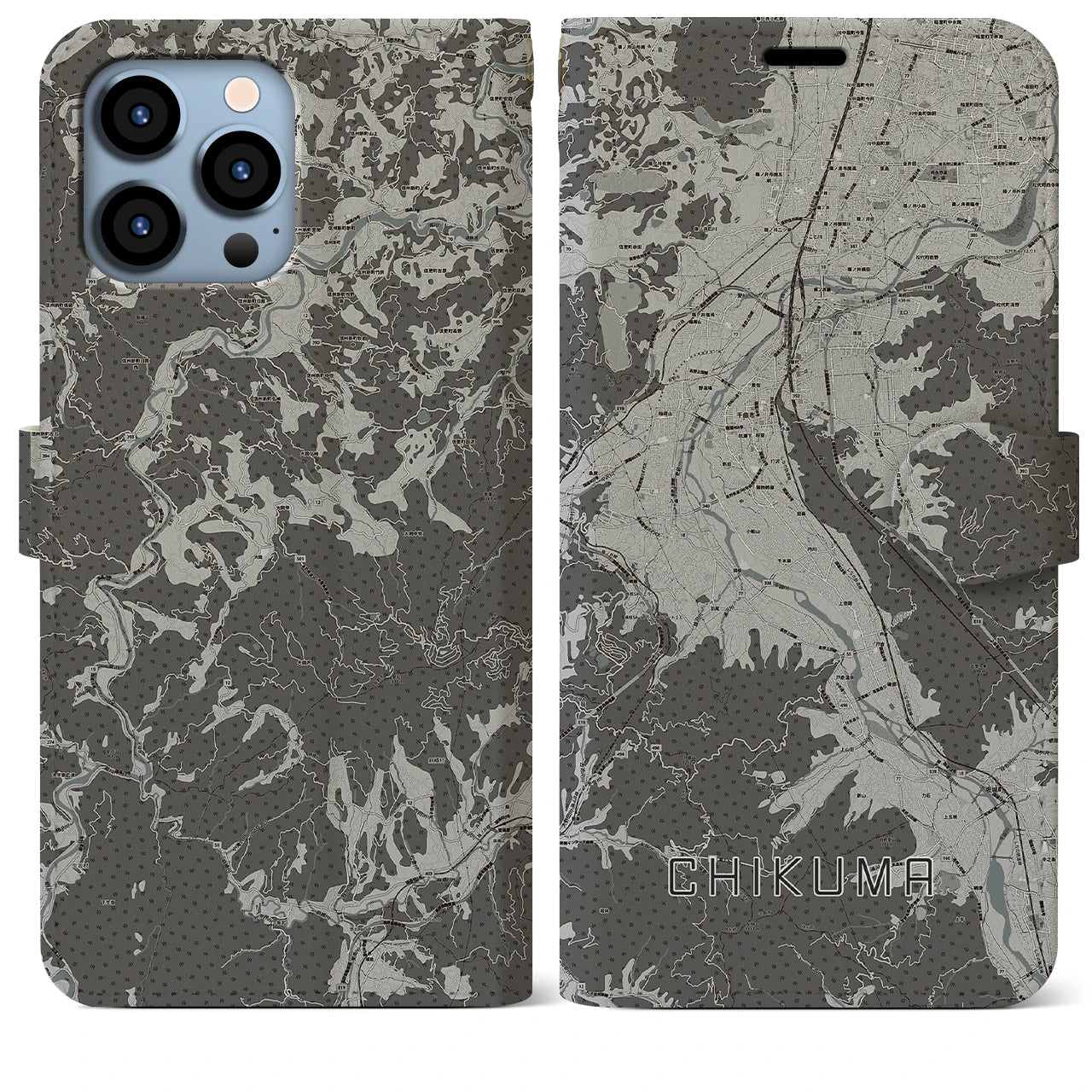 【千曲(長野県)】地図柄iPhoneケース(手帳タイプ)モノトーン・iPhone 13 Pro Max 用