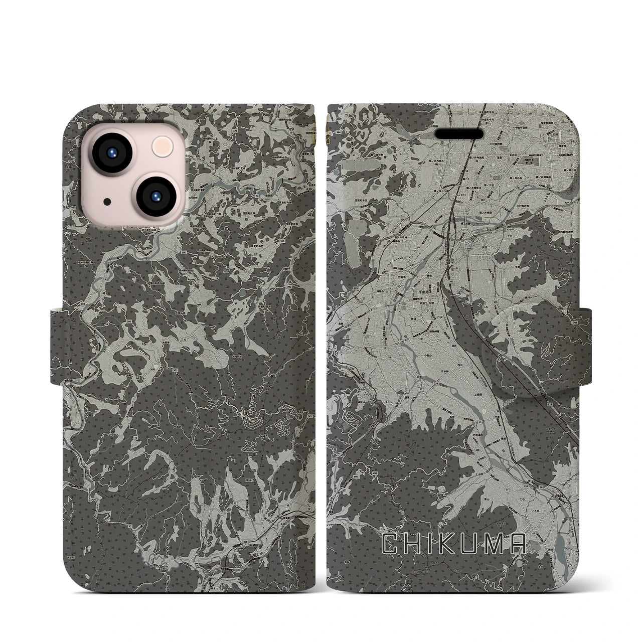【千曲(長野県)】地図柄iPhoneケース(手帳タイプ)モノトーン・iPhone 13 mini 用