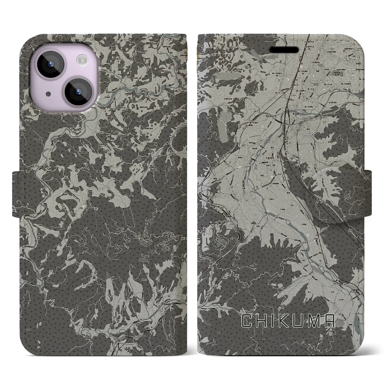 【千曲(長野県)】地図柄iPhoneケース(手帳タイプ)モノトーン・iPhone 14 用