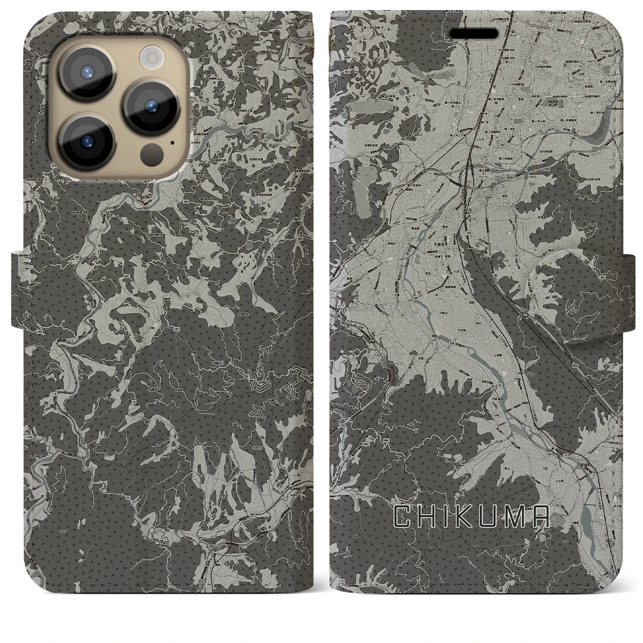 【千曲(長野県)】地図柄iPhoneケース(手帳タイプ)モノトーン・iPhone 14 Pro Max 用