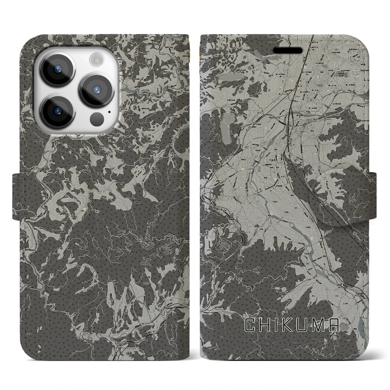 【千曲(長野県)】地図柄iPhoneケース(手帳タイプ)モノトーン・iPhone 14 Pro 用