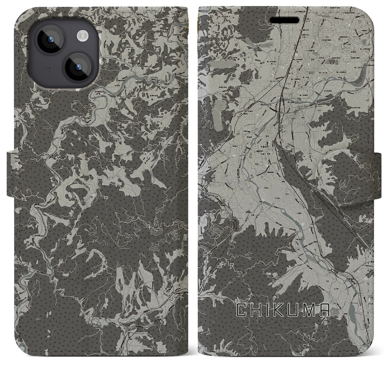 【千曲(長野県)】地図柄iPhoneケース(手帳タイプ)モノトーン・iPhone 14 Plus 用