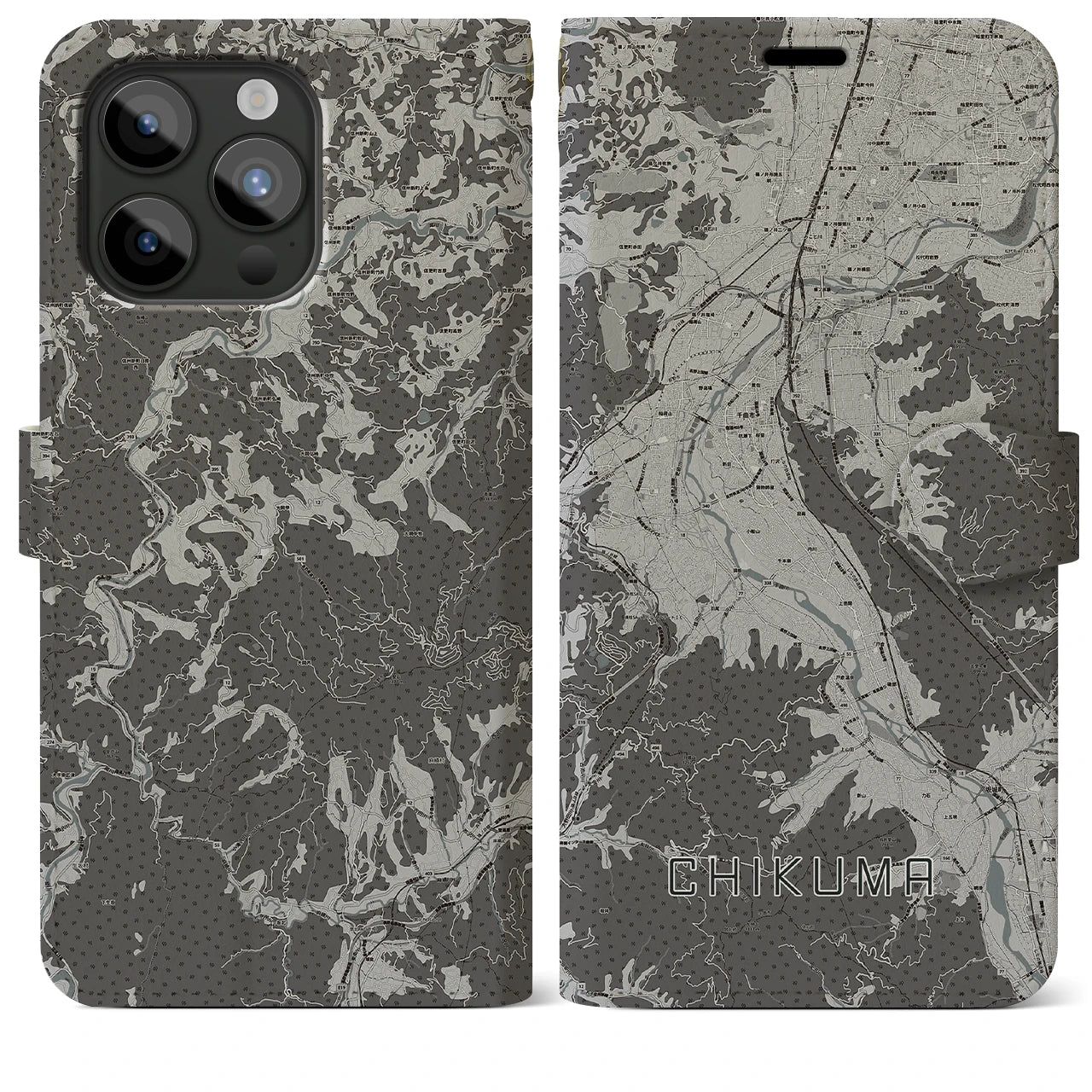 【千曲(長野県)】地図柄iPhoneケース(手帳タイプ)モノトーン・iPhone 15 Pro Max 用