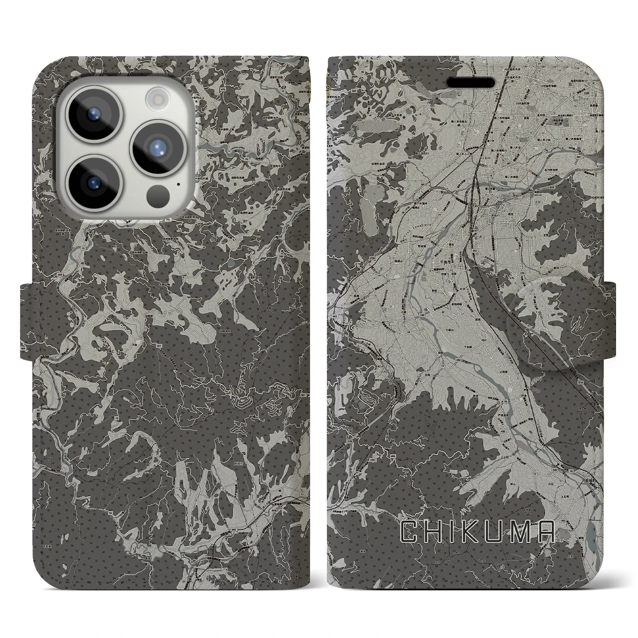 【千曲(長野県)】地図柄iPhoneケース(手帳タイプ)モノトーン・iPhone 15 Pro 用