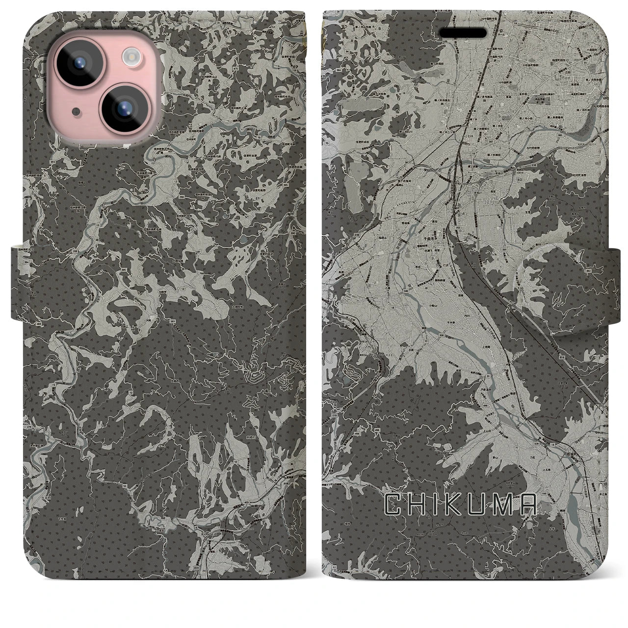 【千曲(長野県)】地図柄iPhoneケース(手帳タイプ)モノトーン・iPhone 15 Plus 用