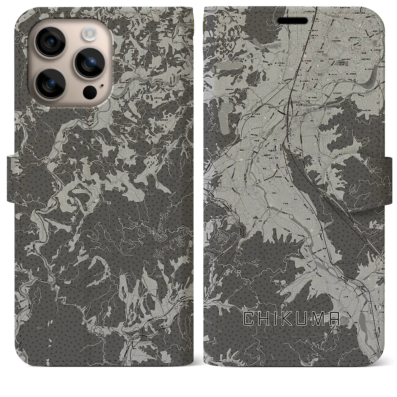 【千曲(長野県)】地図柄iPhoneケース(手帳タイプ)モノトーン・iPhone 16 Plus 用