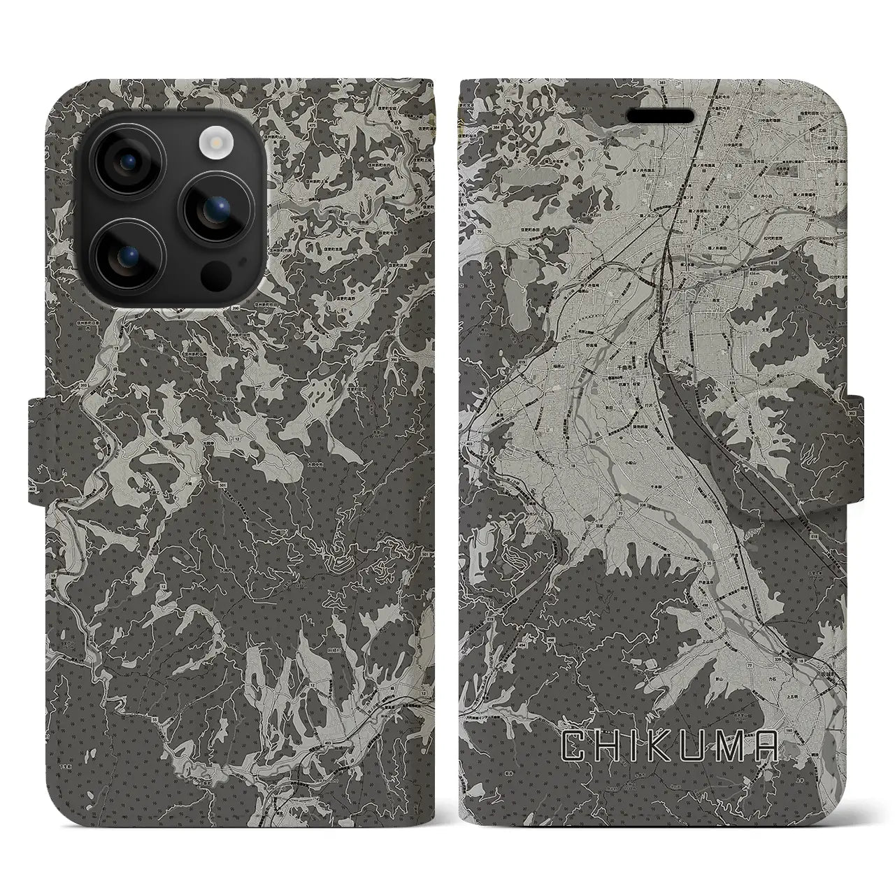 【千曲(長野県)】地図柄iPhoneケース(手帳タイプ)モノトーン・iPhone 16 用