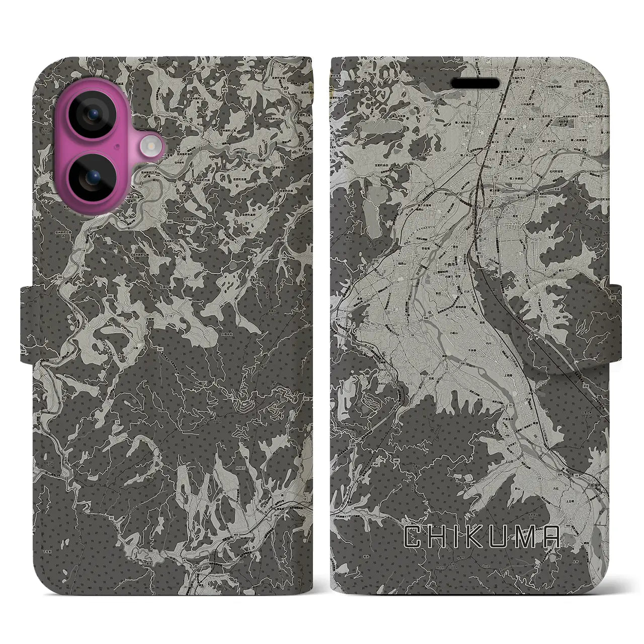 【千曲(長野県)】地図柄iPhoneケース(手帳タイプ)モノトーン・iPhone 16 Pro 用
