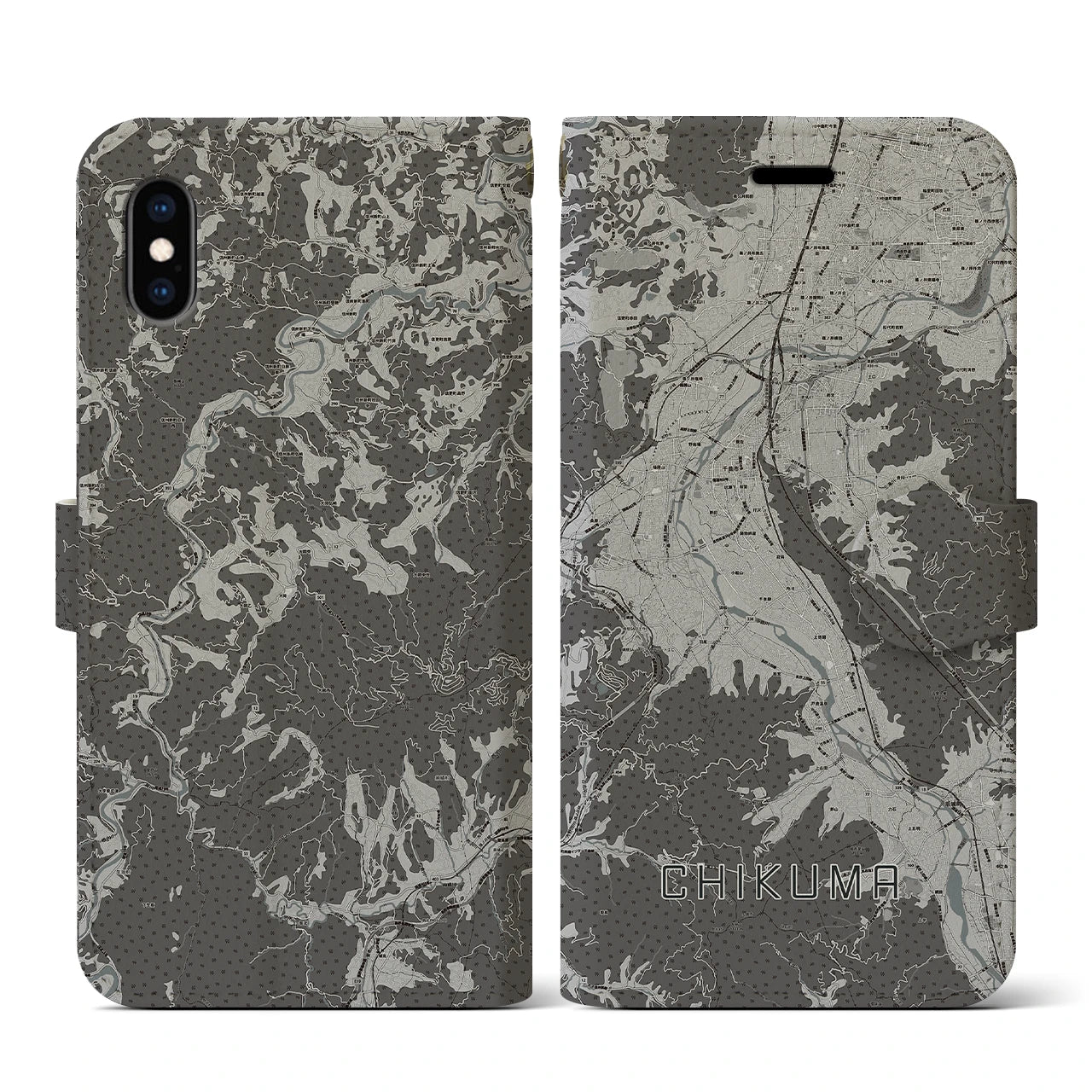 【千曲(長野県)】地図柄iPhoneケース(手帳タイプ)モノトーン・iPhone XS / X 用
