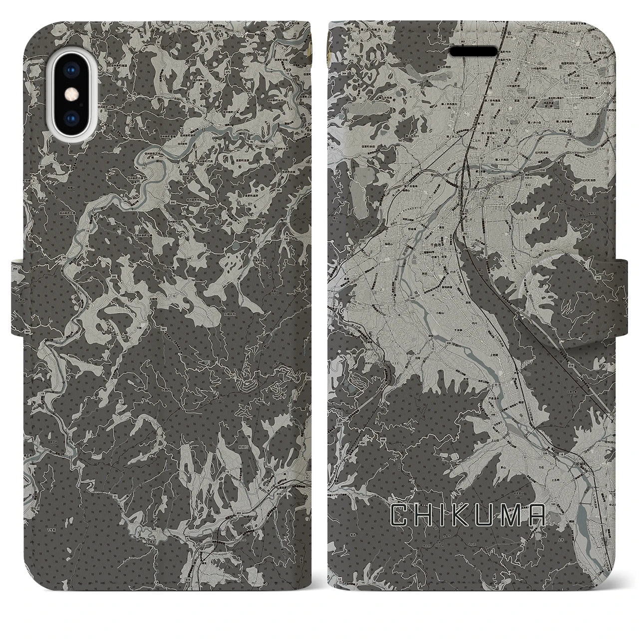 【千曲(長野県)】地図柄iPhoneケース(手帳タイプ)モノトーン・iPhone XS Max 用