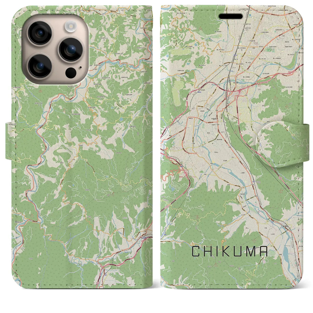 【千曲(長野県)】地図柄iPhoneケース(手帳タイプ)ナチュラル・iPhone 16 Plus 用