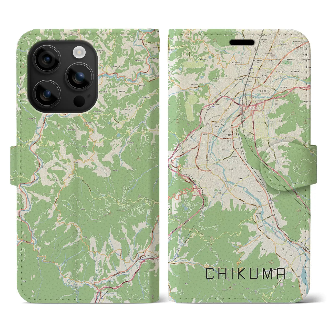 【千曲(長野県)】地図柄iPhoneケース(手帳タイプ)ナチュラル・iPhone 16 用