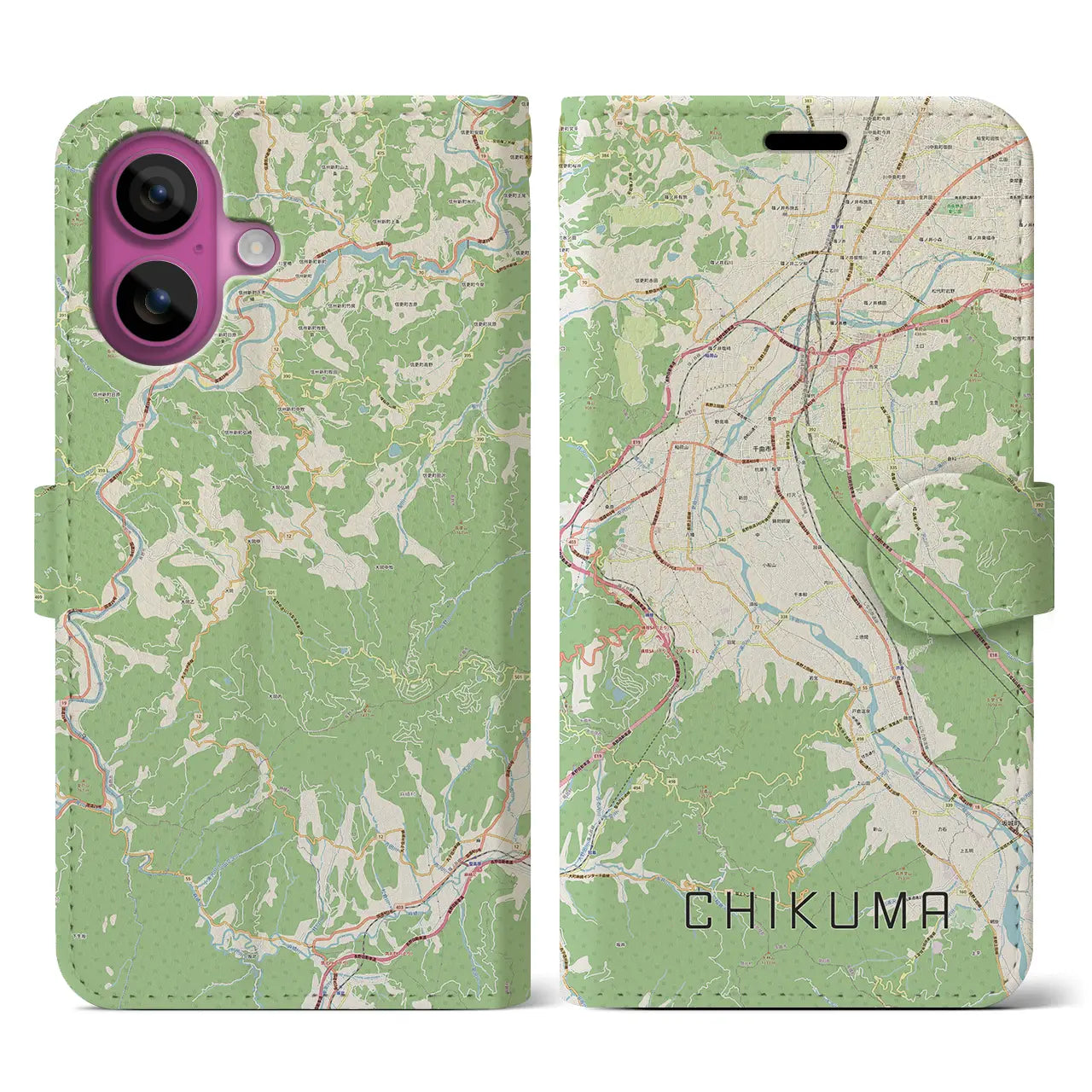 【千曲(長野県)】地図柄iPhoneケース(手帳タイプ)ナチュラル・iPhone 16 Pro 用