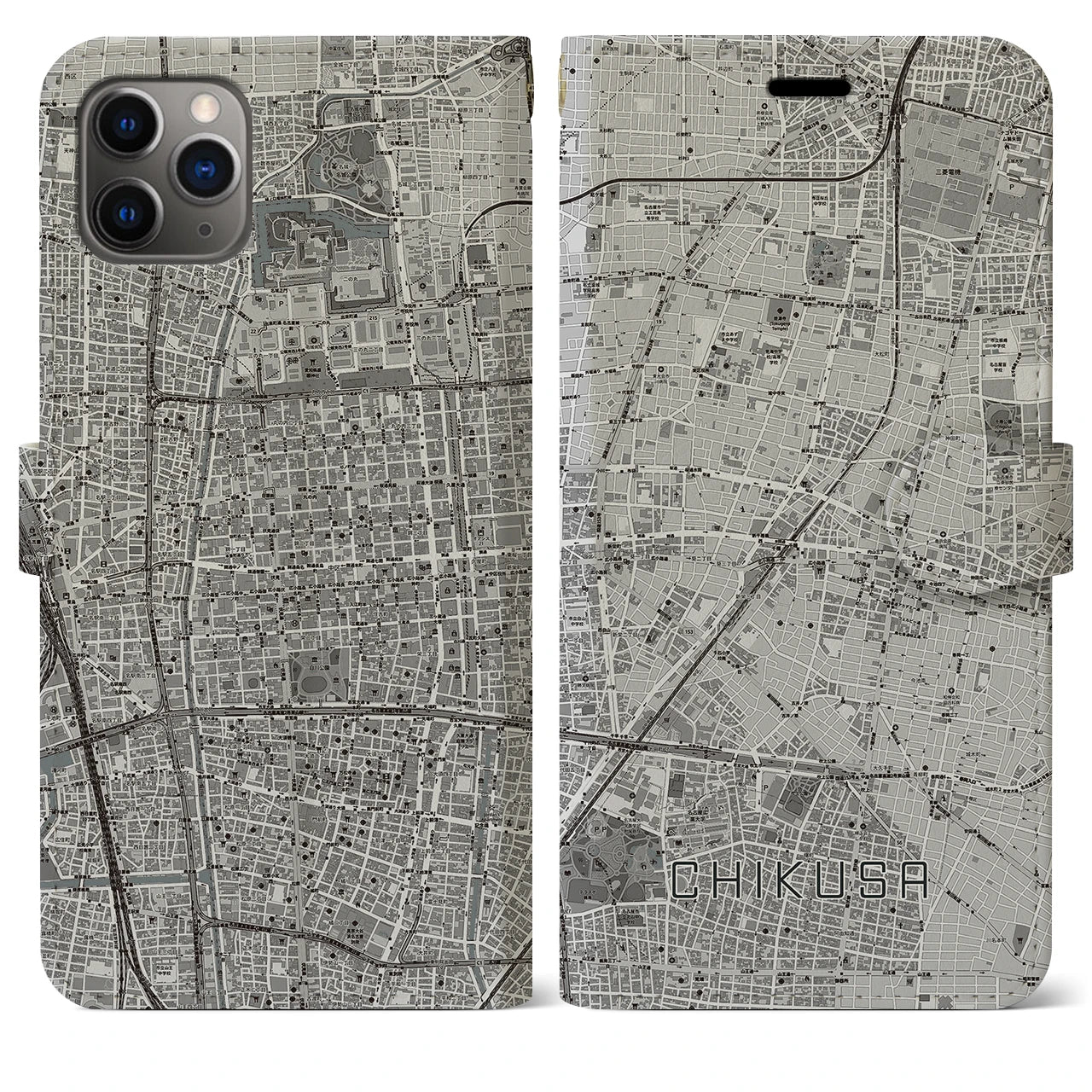 【千種(愛知県)】地図柄iPhoneケース(手帳タイプ)モノトーン・iPhone 11 Pro Max 用